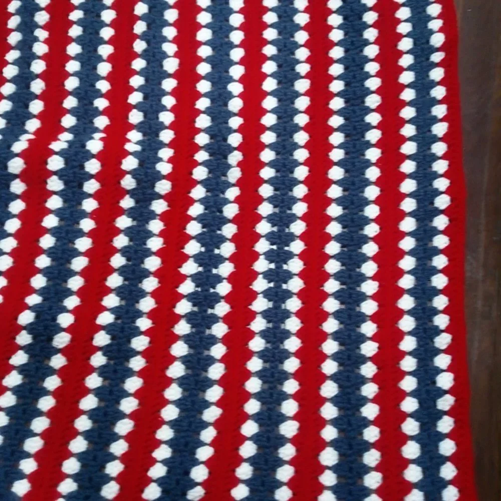 Hand Made Crochet Lapghan Red White Blue Blanket Lap Baby Essential